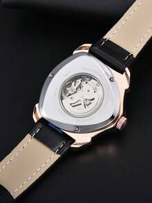 LONGLUX 1pc Men's Automatic Mechanical Watch, Blue & Gold Contrast Hollow Dial, Dual-Layer Leather Strap, Personalized Wristwatch For Daily Wear - Multicolor - View 6