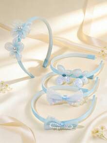 Set de 4 diademas de tul rosa y azul para niñas, diadema con flor de perla y mariposa, accesorios para el cabello de princesa dulce para niñas, regalos de primavera y verano para fiestas de cumpleaños y uso diario - Multicolor - Ver 7