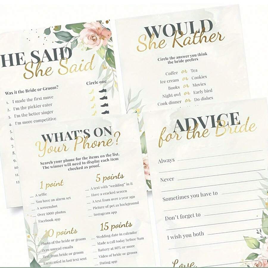 40pcs/Set Bridal Shower Game + Suggestion Cards - Accommodates 20 Guests - Double-Sided Cards Include 4 Activities, 3 Games + 1 Suggestion Card - Green Floral Wedding Shower Games With Metallic Details
