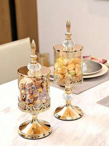 1pc Luxury Glass Candy Storage Jar, European Style, Kitchen Living Room Wedding Decor Container, Suitable For Nuts, Snacks, Fruits And Other Home Food Storage, Airtight Food Dispenser Display Jar - Gold - View 5