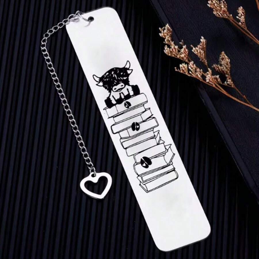1个可爱高地牛图案不锈钢心形书签，送给老师和爱书人的完美礼物 - 牛書籤 - 查看 1