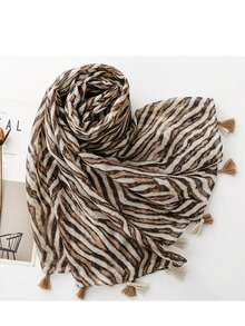 Women's Retro Niche Caramel Tone Zebra Print Scarf, Wild Style Thin Tassel Shawl, Fashion & Personalized - Rust - View 3