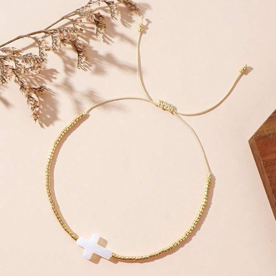 1 pieza Pulsera minimalista de moda con cruz, pulsera tejida con cuentas doradas ajustable, adecuada para uso diario, regalo para familia, amigos, bautizo, fe, mujeres cristianas