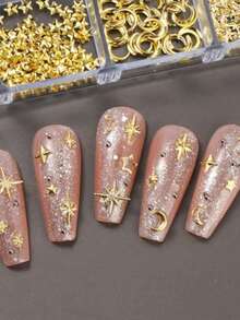 12-Panel Gold Moon & Star Metal Nail Art Accessories 3D Y2K Jewelry Crystal Steel Bead Nail Decor Nail Art Supplies DIY Nail Art Gems Nail Art Products Nails - Gold - View 7