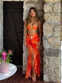 New Arrival Spring/Summer Women's Fashion Elegant Casual Beach Vacation Date Party Floral Print Spaghetti Strap Bikini Set Set And Mini Skirt - 彩色 - 查看 7