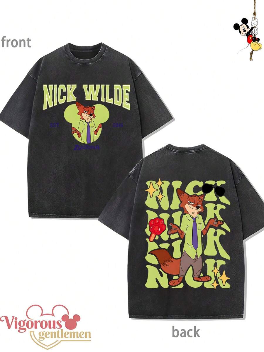 NICK Letter Pattern T-Shirt Summer Clothing Disney Vintage Washed 230g T-Shirt - Black - View 1
