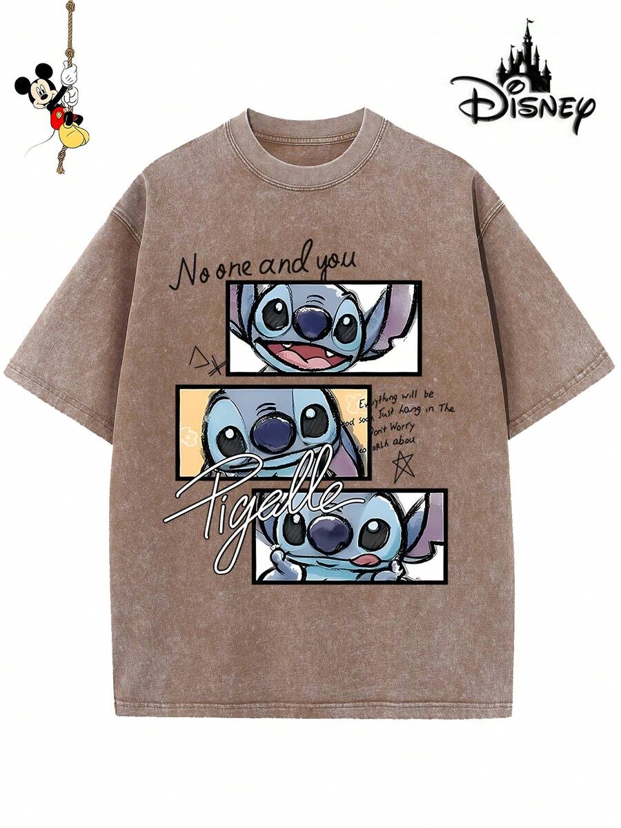 Disney-Licensed Men's Cotton T-Shirt For The 2026 Family Holiday. Featuring A Stitch Motif, Washed Crew Neck, Soft And Comfortable Feel, Easy Care And Suitable For Various Occasions Such As Holidays, Everyday Life And Commuting – Full Of Festive Spirit. - 咖啡棕 - 查看 1