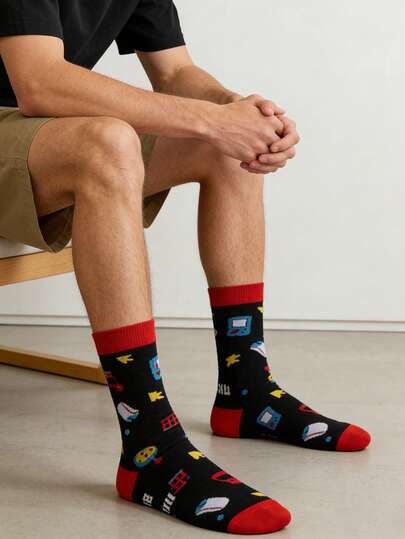 1 par de calcetines de media caña para hombres con contraste de color negro y rojo con diseño de consola de juegos, versátiles para todas las estaciones