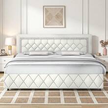Twin/ Full/ Queen/ King Size Bed Frame, Upholstered Bed Frame With Diamond Headboard And Footboard, Pearl White/ Beige/ Black/ Grey/ Pink/ Purple/ Green - 白色 - 查看 12