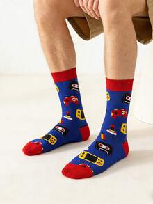 1 双男士蓝红撞色电子游戏图案中筒袜，四季皆宜。 - 彩色 - 查看 5