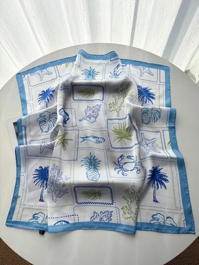 1pc Beach Resort Starfish & Mermaid Print Silk-Like Square Scarf, 68cm, Suitable For Beach, Street, Daily, Vacation, Business, Fashion Handbag Decoration