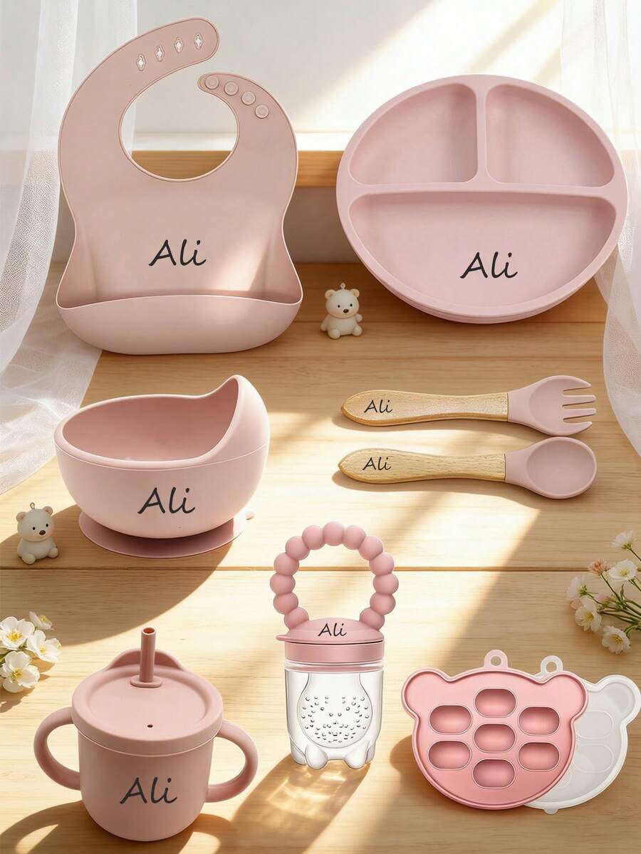 8pcs Baby Silicone Tableware Set, Feeding Utensils, Bib, Plate, Bowl, Straw Cup, Fork & Spoon, Teether, Ice Tray - Multicolor - View 1