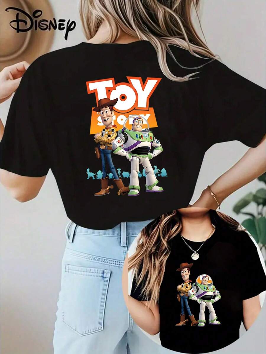 Disney Loose Version Toy Story Woody Buzz Lightyear Printed T-Shirt, Suitable For Summer And Spring, Short Sleeved Tops, Women's Clothing, Holiday Gift Party Costumes. - màu đen - Xem 1