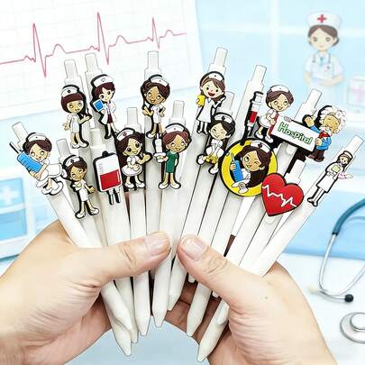1/5/10/15 Pcs White Nurse Cartoon Ballpoint Pens Retractable Push-Button Pen Black Ink Hospital Doctor & Nurse Specialty Pen Gift For Nurse Colleagues, Medical Students & Students School & Office Supplies
