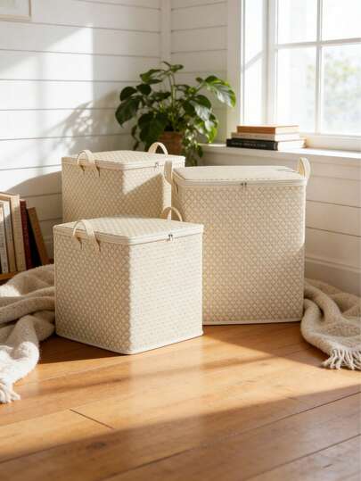 1个超大儿童房收纳箱，加固结构，重型方形收纳箱，防尘防潮 - 超大搬家箱，适用于床、衣柜、床底收纳，居家、旅行或搬家 - 坚固的布料结构，搭配优雅的米色图案 - 便携式大容量床上用品和衣物收纳箱