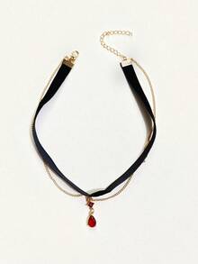 1pc Women's Retro Velvet Chain Crystal Pendant Necklace, Fashion Tassel Choker Necklace - Multicolor - View 8