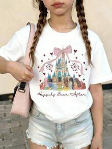 Summer Tops, Princess Disneyland Print Graphic Tee, Perfect For Cute Girls. Teen Girl Gift,Comfortable And Breathable Children's Short-Sleeved T-Shirt. 180g Pure Cotton Children's Clothes,Suitable For Both Boys And Girls.Suitable For Daily Wear, Vacations, Outdoor Activities, And As A Children's Gift. - 白色 - 查看 2