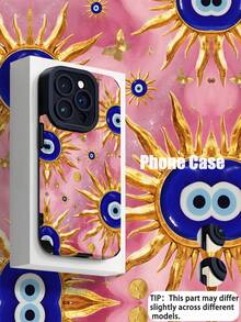 1pc Minimalist Pink Sun & Blue Evil Eye Pattern Vertical Faux Leather Soft Protective Phone Case, Suitable As Gift For Friends And Lovers, Compatible With IPhone And Models 17/17AIR/17PRO/17PROMAX - Multicolor - View 1