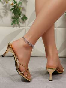 Women's Summer Heeled Sandals Stylish Square Toe Kitten Heels Strappy Sandal Wide Width Low Heel Open Toe Mule Dress Lightweight Comfortable Slide Slippers Casual Party Wedding Walking Shoes Flip Flops Thong - Vàng - Xem 2