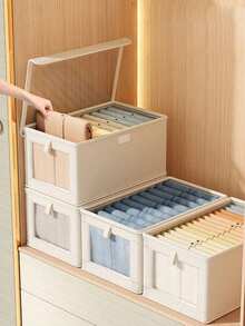 Hộp đựng đồ bằng vải Oxford cải tiến có cửa sổ, hộp vải gấp gọn cỡ lớn có nắp đậy, thích hợp cho gia đình, tủ quần áo, du lịch, trang trí phòng ngủ, có thể đựng áo sơ mi, quần tây, giày dép, quần jean, váy, v.v. - Màu be có nắp - Xem 4