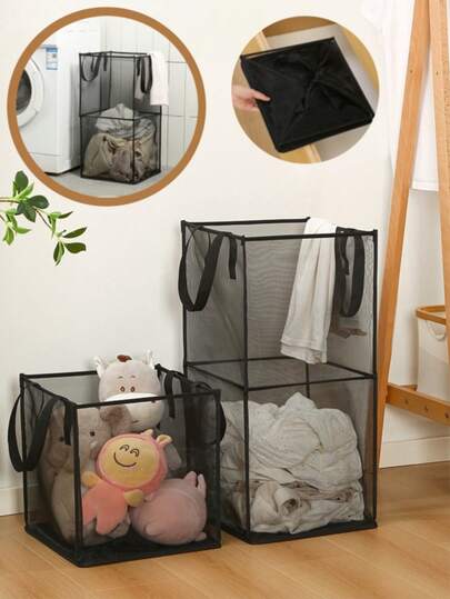 Giỏ đựng quần áo bẩn bằng lưới có thể gấp gọn với miệng rộng và túi bên hông – Thiết kế thoáng khí, chắc chắn, có thể gấp gọn và tiết kiệm không gian để đựng quần áo bẩn (Màu đen, 2 lớp)