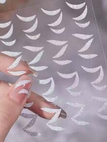1pc Rhinestone Glitter Silver Silk Ribbon Nail Sticker, INS French Metallic Mirror Nail Sticker With Half-Moon Line Silver Adhesive Sticker - Silver - View 4