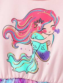 Vestido infantil com estampa de sereia, manga curta, gola redonda, delicado vestido princesa com lantejoulas em degradê, ideal para uso diário, festas e verão. - Rosa - Ver 6