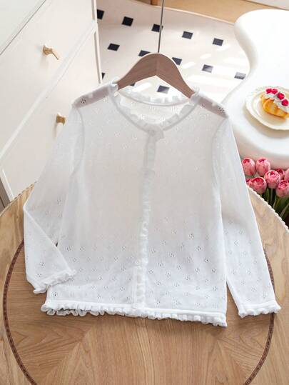 Girls' Elegant Solid Color Hollow Lyocell Long Sleeve Sweater, Round Neck Lace Trim Lightweight Cardigan, Suitable For Spring, Summer, Autumn