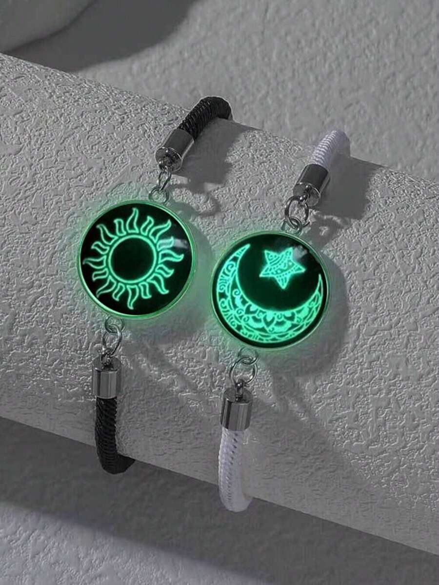2件套全新手工黑白情侣手链套装，月亮星星玻璃夜光手链礼品 - 黑與白 - 查看 1