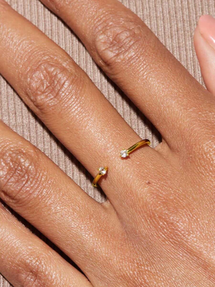 1pc S925 Sterling Silver Minimalist Rhinestone Open Ring, Korean Style Delicate Line Adjustable Joint Ring, Suitable For Women Daily Wear, Versatile Stackable Gift - Diamond - View 1