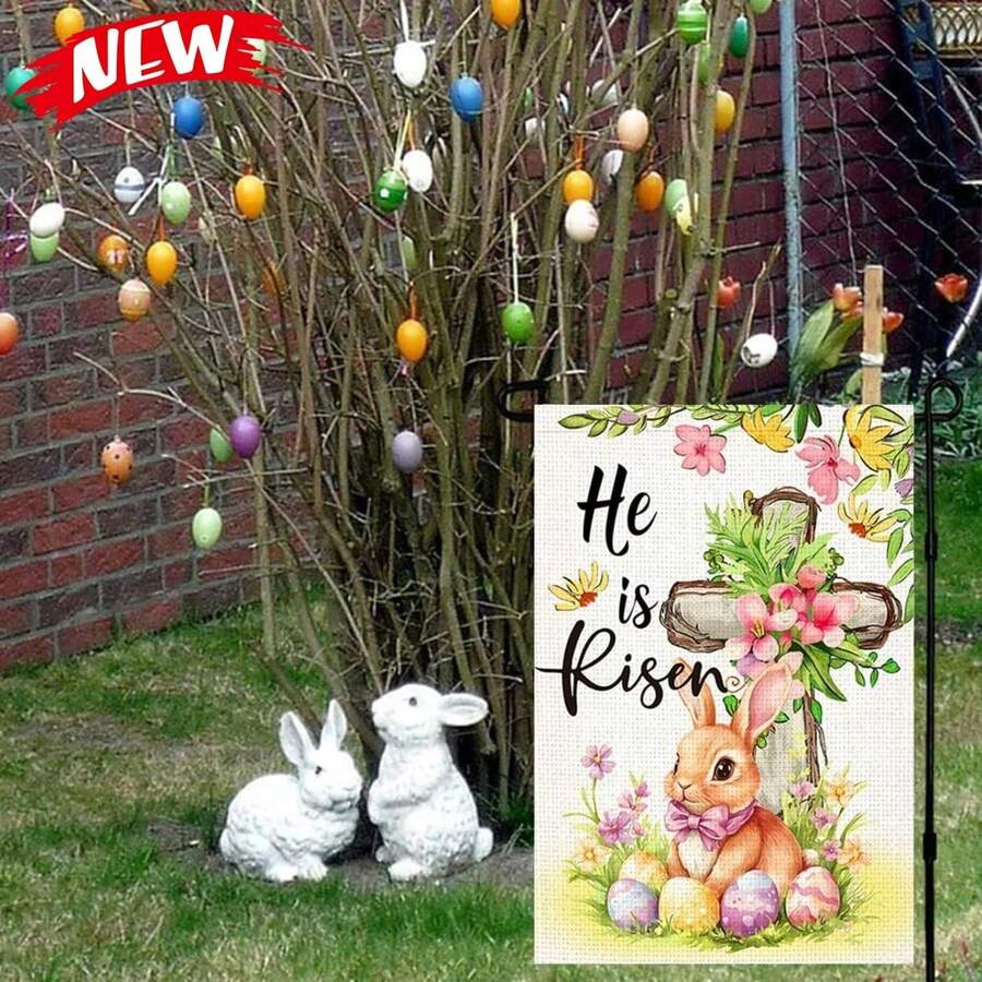 Easter Religious He Is Risen Garden Flag 12x18 Inch Double Sided Vertical Christian Cross Bunny Floral Eggs Waterproof Spring Outdoor Porch Lawn Yard Entryway Holiday Decor No Flag Pole Included - 多色的 - 查看 1