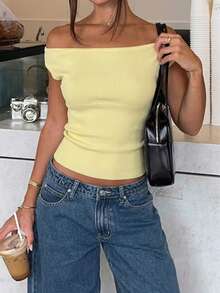 Áo dệt kim trễ vai màu vàng phong cách Y2K dành cho nữ, áo crop top ôm sát gợi cảm, món đồ không thể thiếu cho kỳ nghỉ và mặc hàng ngày. - Màu vàng - Xem 1