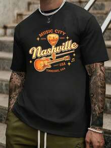 Maglietta autunnale Nashville Music City USA Guitar Tennessee ESTD1806, girocollo, vestibilità comoda, casual, design grafico - nero - Visualizzare 1
