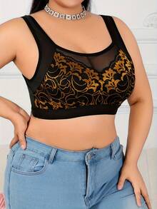 Gold Leaf Lace Patchwork Plus Size Wireless Bra, Soft And Skin-Friendly Fabric - Gold - View 3