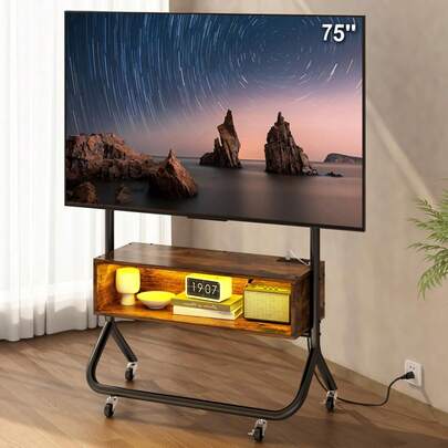 Mueble para TV Móvil con Soporte de Televisor y Ruedas, Mesa para TV Grande 75 Pulgadas, Centro de Entretenimiento con Luces y Estante de Almacenamiento Abiertos Mueble para Sala Recámara