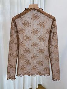 2025 New High Neck Lace Layered Mesh Sheer Blouse, Long Sleeve Thin Undershirt For Women, Spring/Summer/Autumn Casual - Coffee Brown - View 3