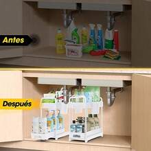 Paquete de 2 organizadores debajo del fregadero organizadores de cocina extraíbles de 2 niveles y organizador multiusos para estante debajo del fregadero para gabinete de cocina y baño - Blanco - Ver 3