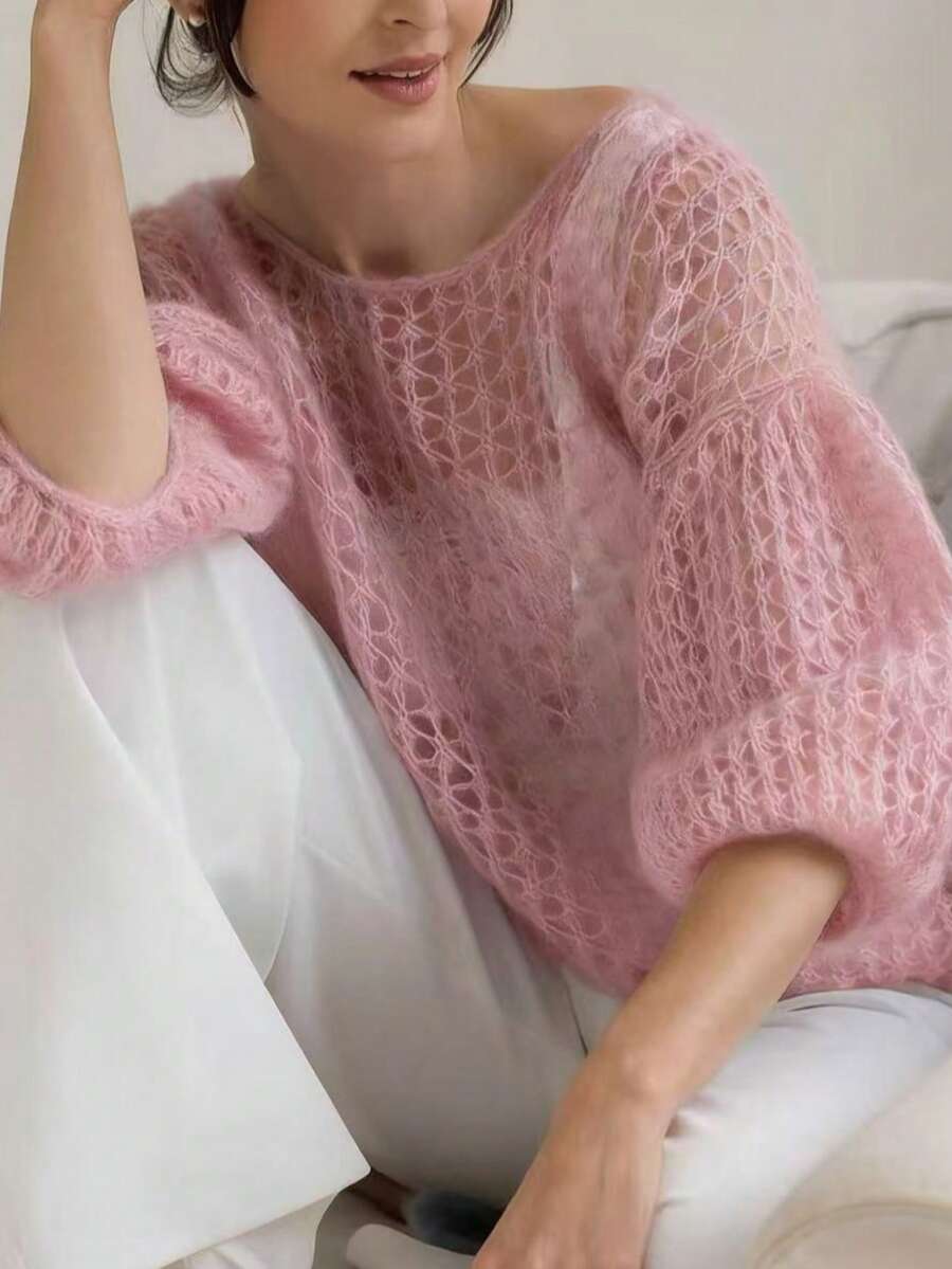 Maglione lavorato a maglia con schiena traforata e fiocco, maniche a 3/4, rosa, adatto per la primavera e le vacanze al mare - Rosa - Visualizzare 1
