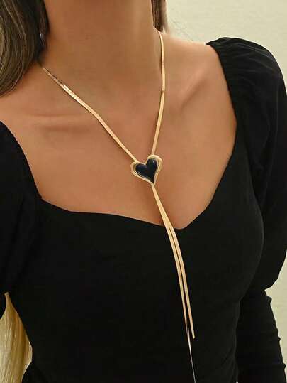 1件新款创意百搭心形拼接黑金简约优雅个性化长流苏Y形吊坠项链