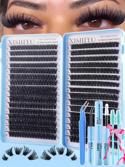 544pcs Clusters D Curl 80D+100D Individual Eyelashes Extensions Kit With Adhesive, Tweezers And Tools For Beginners And Professionals, Soft And Natural Looking Wispy Lash Extensions Set, DIY At Home Segmented Lashes