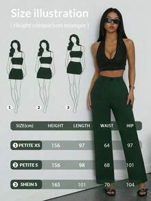 Pantalones rectos casuales con bolsillos y cremallera para mujer de talla pequeña, aptos para uso diario en primavera - Verde Oscuro - Ver 7