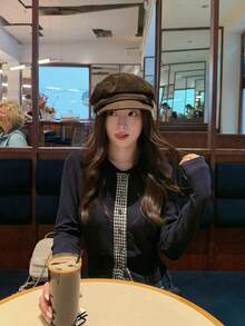 Vintage Plaid Patchwork 2-In-1 Knitted Cardigan, Women Round Neck Long Sleeve Top, Early Spring - Navy Blue - View 1