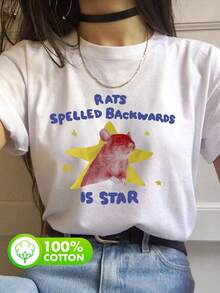 女士日常“老鼠倒过来拼写是星星”图案圆领短袖休闲夏季女士100%纯棉上衣，趣味动物图案女士白色T恤，怪异衬衫，老鼠T恤。 - 白色 - 查看 4