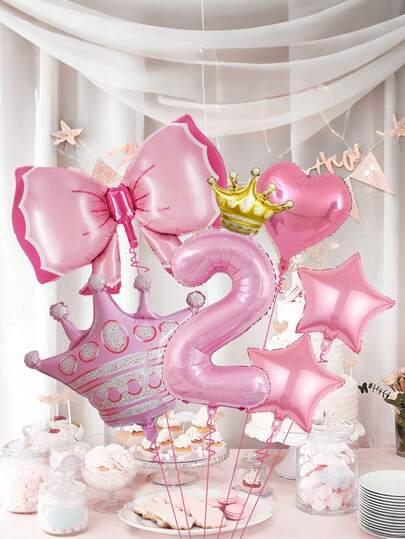 7件套粉色生日装饰套装，32英寸粉色0-9数字气球，大号皇冠和蝴蝶结气球，适合生日派对、粉色公主主题、女孩生日派对、房间装饰
