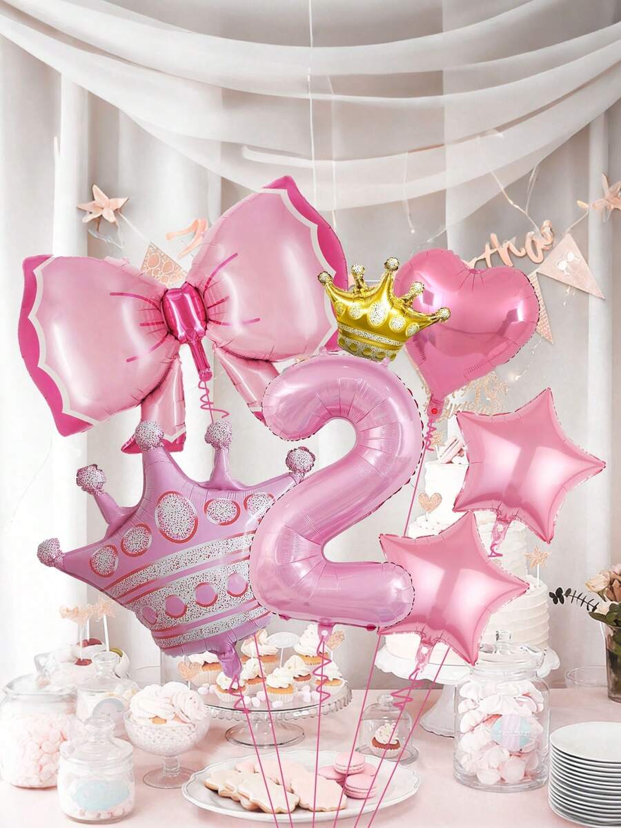 7件套粉色生日装饰套装，32英寸粉色0-9数字气球，大号皇冠和蝴蝶结气球，适合生日派对、粉色公主主题、女孩生日派对、房间装饰 - 彩色 - 查看 1