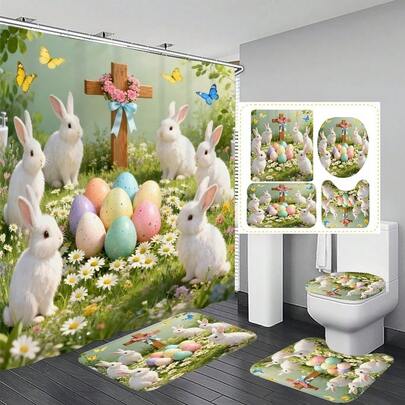 1pc/4pcs Cute Rabbit Floral Shower Curtain Set, Elegant Housewarming Shower Curtain Gift, Modern Home Bathroom Decor Curtain With 12 Hooks, Non-Slip Bath Mat, U-Shaped Toilet Mat, Toilet Lid Cover, Bathroom Set, Spring Decor
