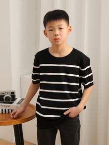 男童休闲条纹圆领短袖针织衫T恤，夏季 - 黑色 - 查看 2