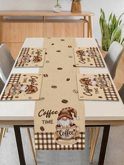 1pc Cartoon Pattern Table Runner, 4pcs Cartoon Pattern Placemats, Suitable For Holidays, Parties, Birthdays, Dinners, Kitchen & Dining Room Table Decor, Applicable For All Seasons, Home Textile Decoration