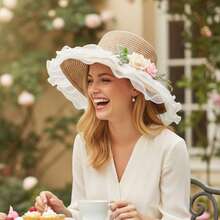 Flower Sun Hats For Women's Fashionable Mesh Wide Brim Sun Straw Beach Caps For Outdoor Vacation - Khaki - View 3