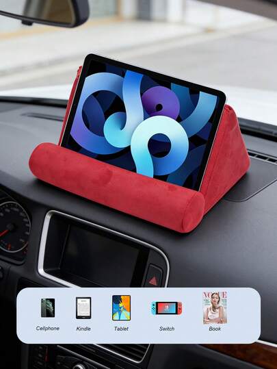 柔软枕形平板电脑支架，适用于汽车和家庭——为 iPad、平板电脑、Kindle、手机、Switch 和书籍提供舒适的倾斜观看角度——防滑天鹅绒垫，可放置于仪表盘、中控台、床上或沙发上